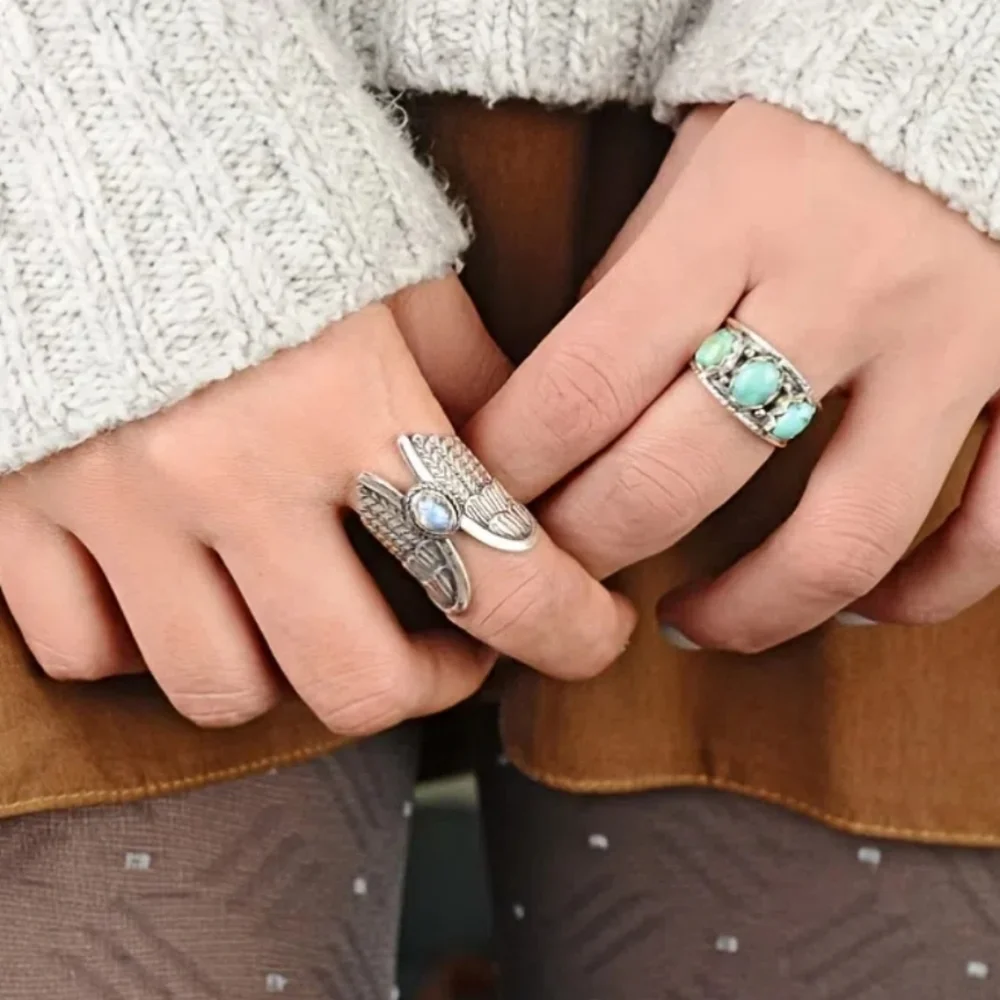 Angel Wings Moonstone Feather Ring Silver Plated Lab Created Gem Multiple Sizes - Picture 8 of 12